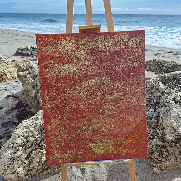 Acrylic Painting On Canvas Glowing Gold Red Sunset 24" x 30" - Picture 2 of 11